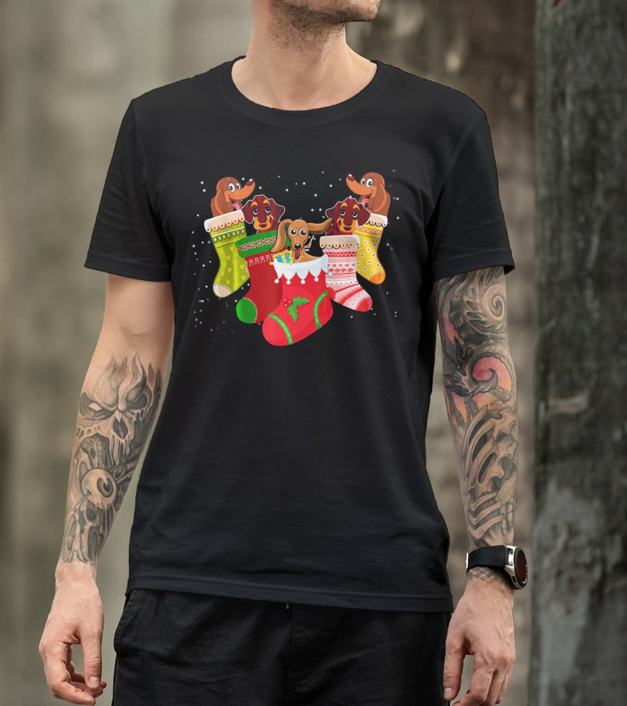Playful Dachshunds In Colorful Christmas Socks Festive Humor T-Shirt
