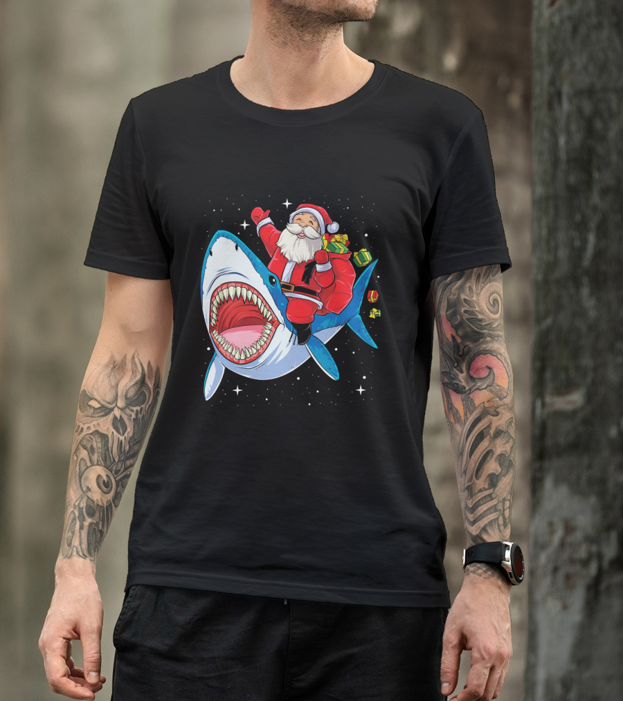 Santa Claus Riding A Shark With Gifts T-Shirt