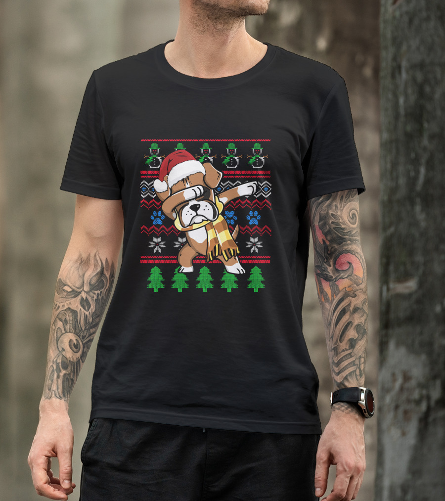 Xmas Boxer Dabbing Santa Hat UglyStyle Sweater Pattern Snowflakes Trees T-Shirt