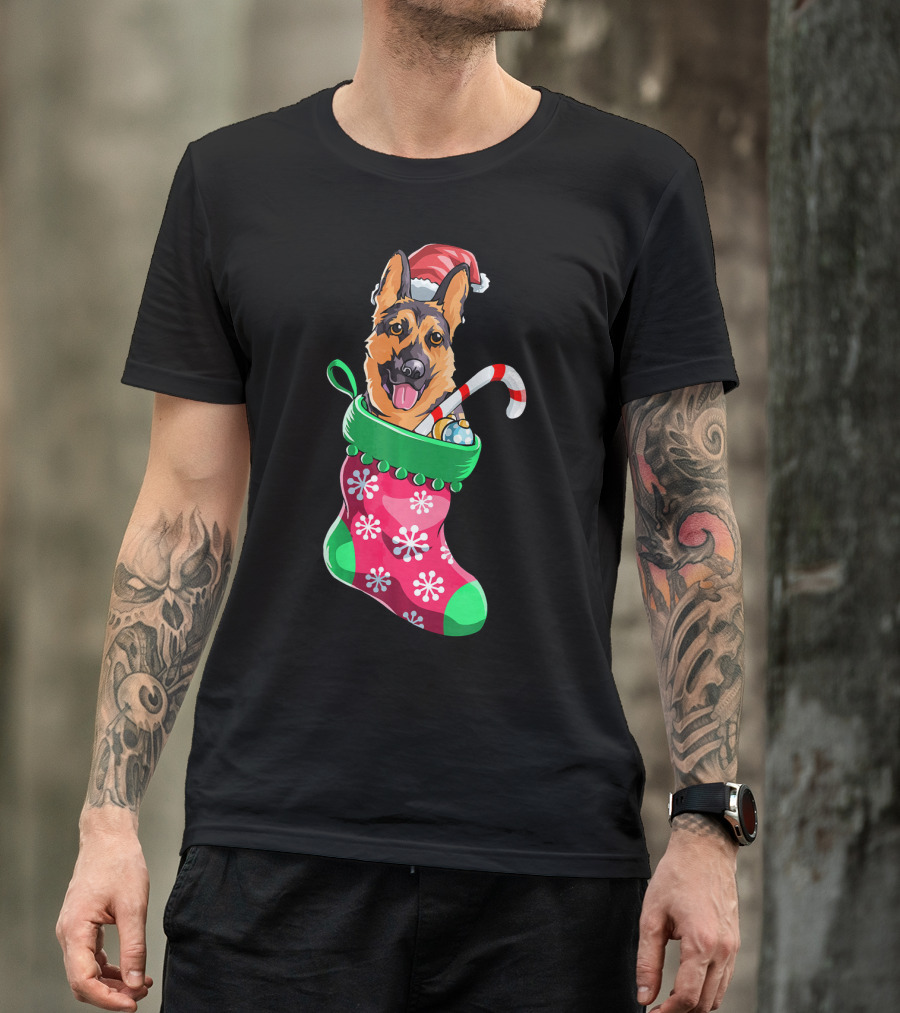 German Shepherd In Christmas Santa Hat Stocking With Candy Cane T-Shirt