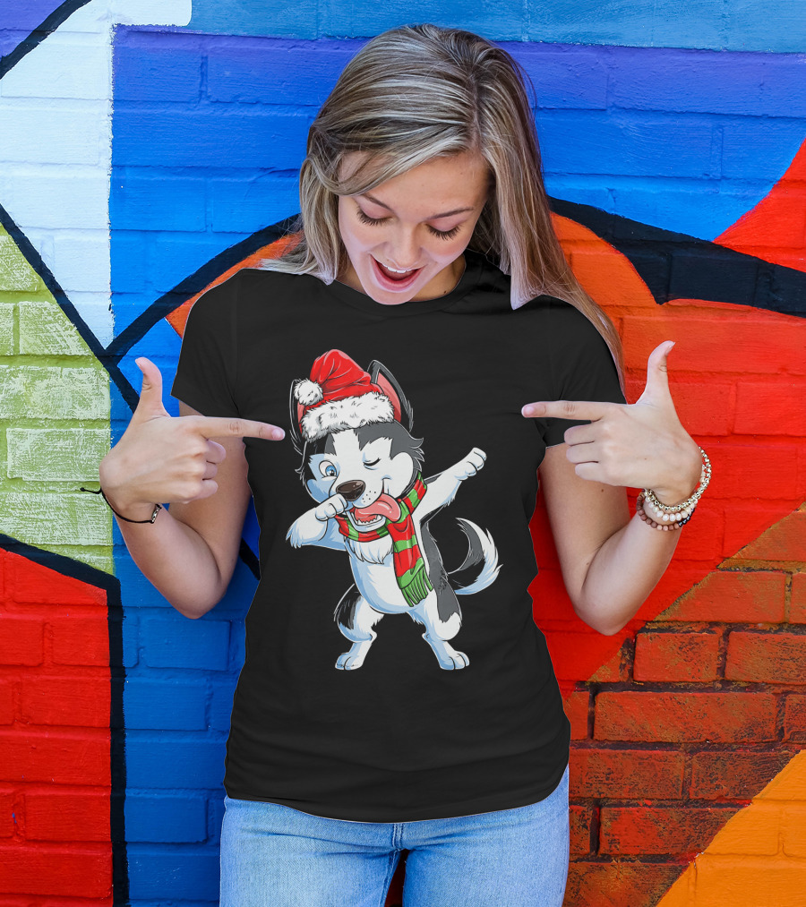 Dabbing Siberian Husky Santa Christmas Dog With Scarf T-Shirt