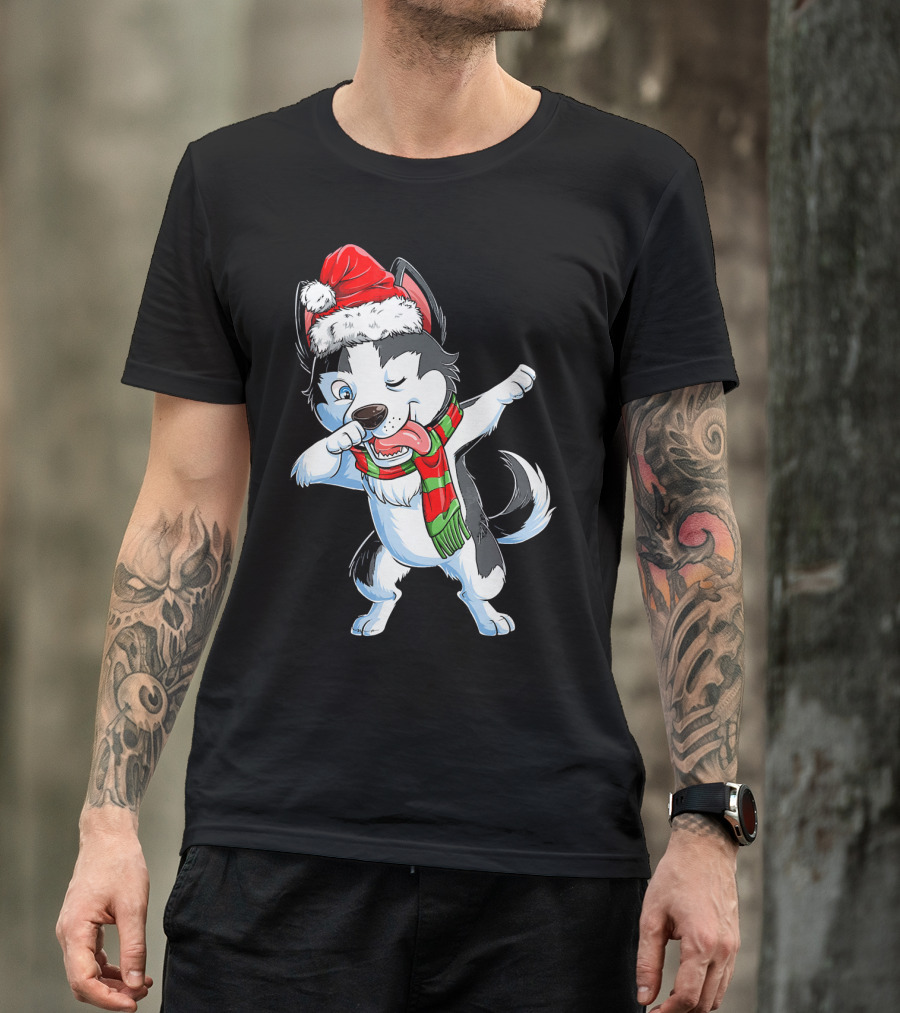 Dabbing Siberian Husky Santa Christmas Dog With Scarf T-Shirt