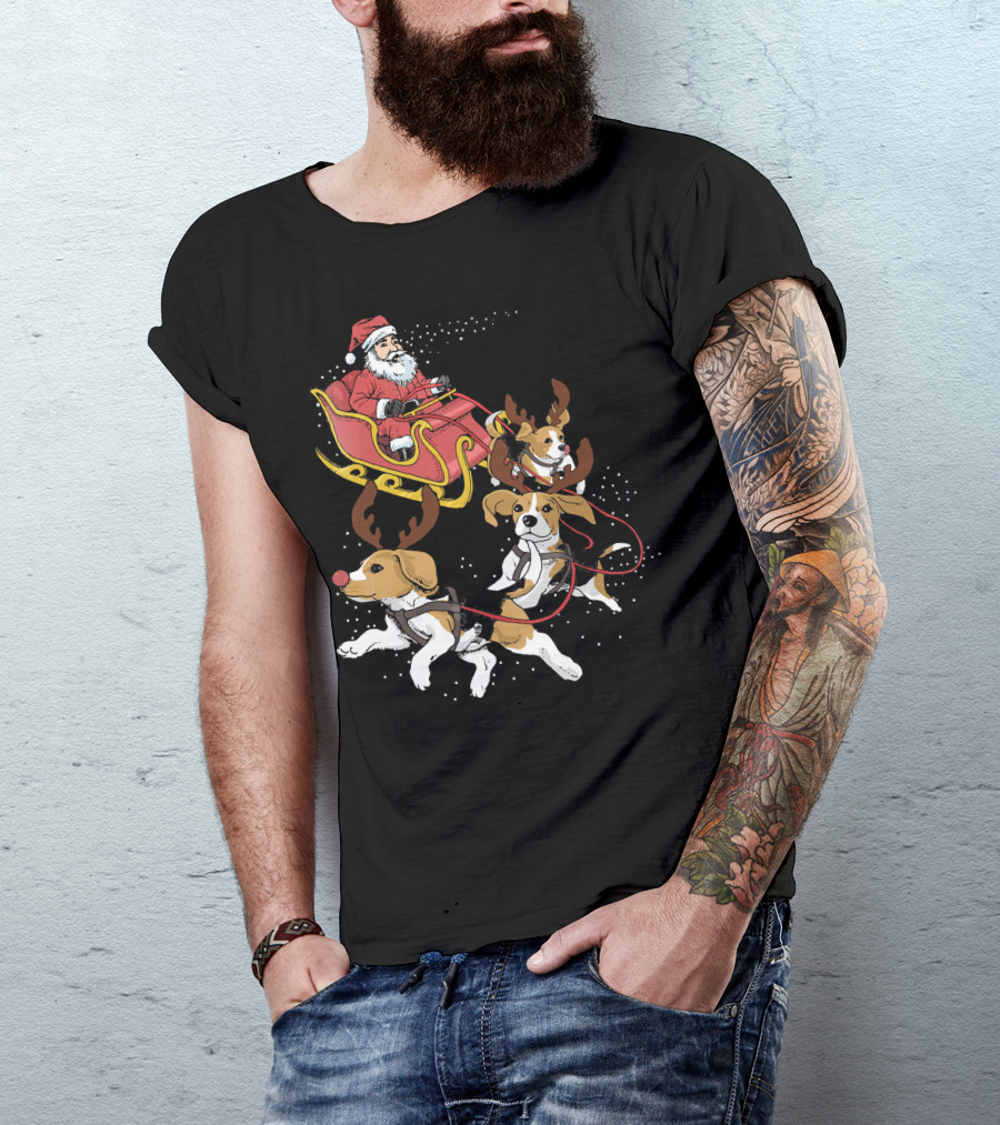Santa's Sleigh With Beagle Reindeer Trio T-Shirt