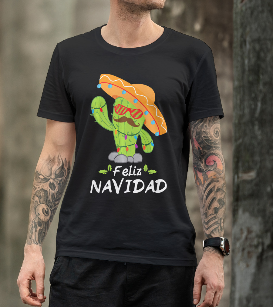 Feliz Navidad Cactus Mexican Tree Christmas Sombrero Lights T-Shirt