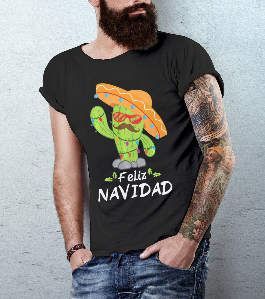 Feliz Navidad Cactus Mexican Tree Christmas Sombrero Lights T-Shirt