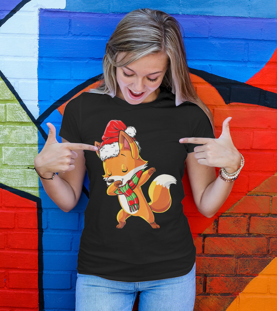 Christmas Dab Fox With Santa Hat And Scarf T-Shirt