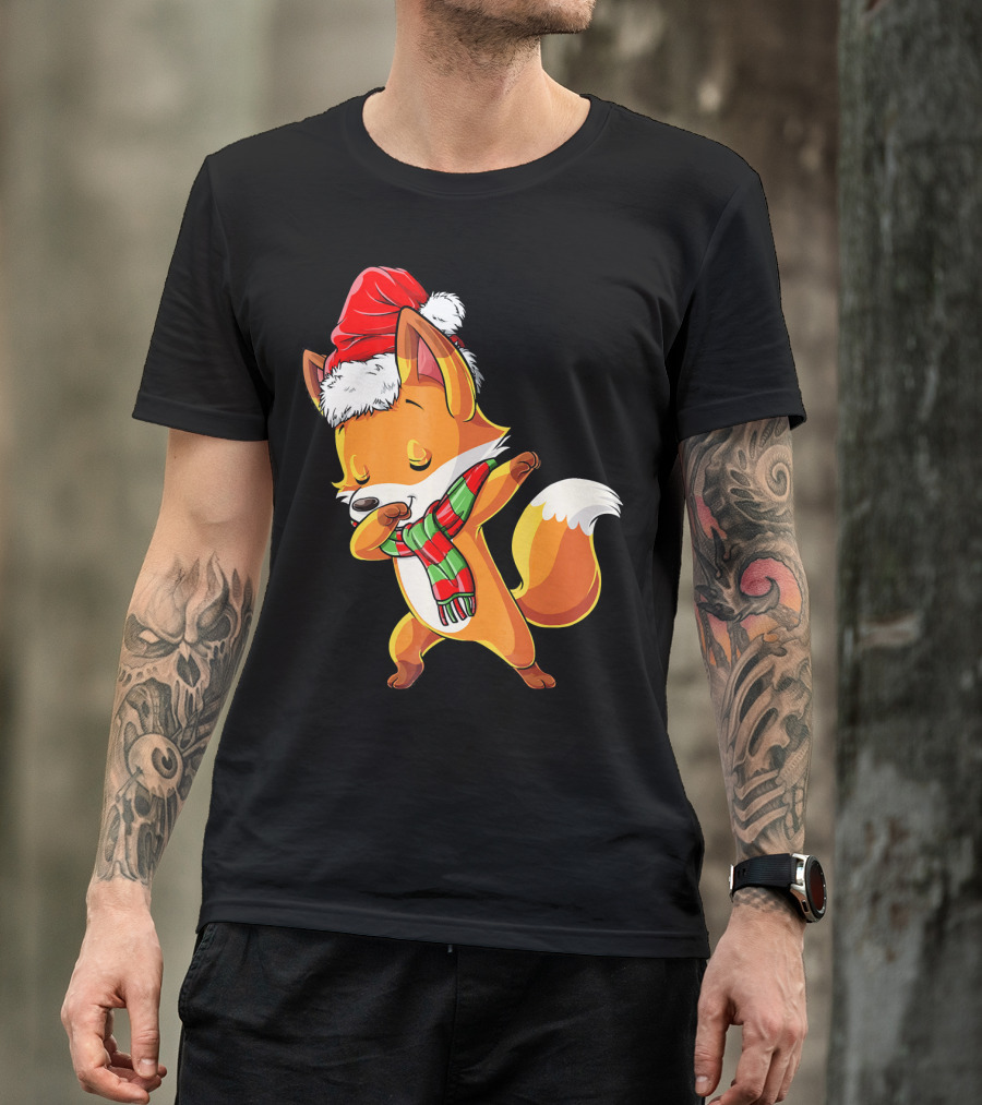 Christmas Dab Fox With Santa Hat And Scarf T-Shirt