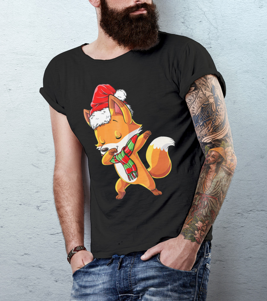 Christmas Dab Fox With Santa Hat And Scarf T-Shirt
