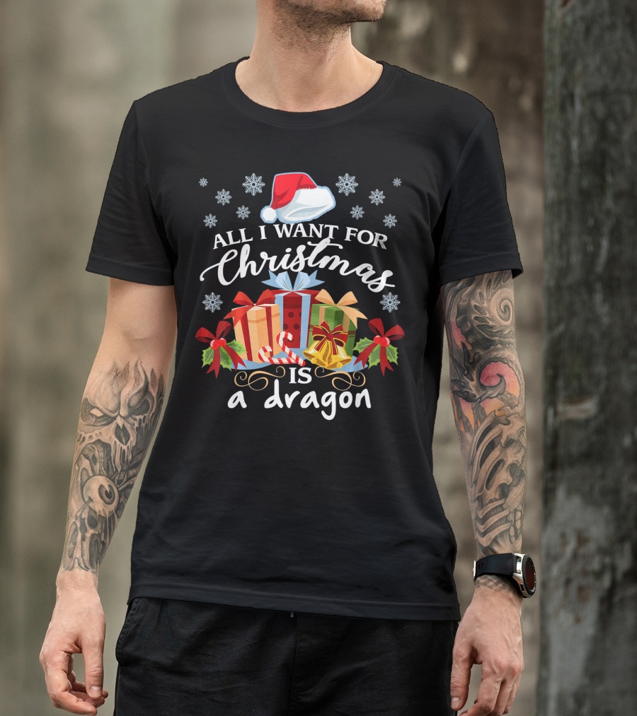All I Want For Christmas Is A Dragon Santa Hat Presents Snowflakes T-Shirt