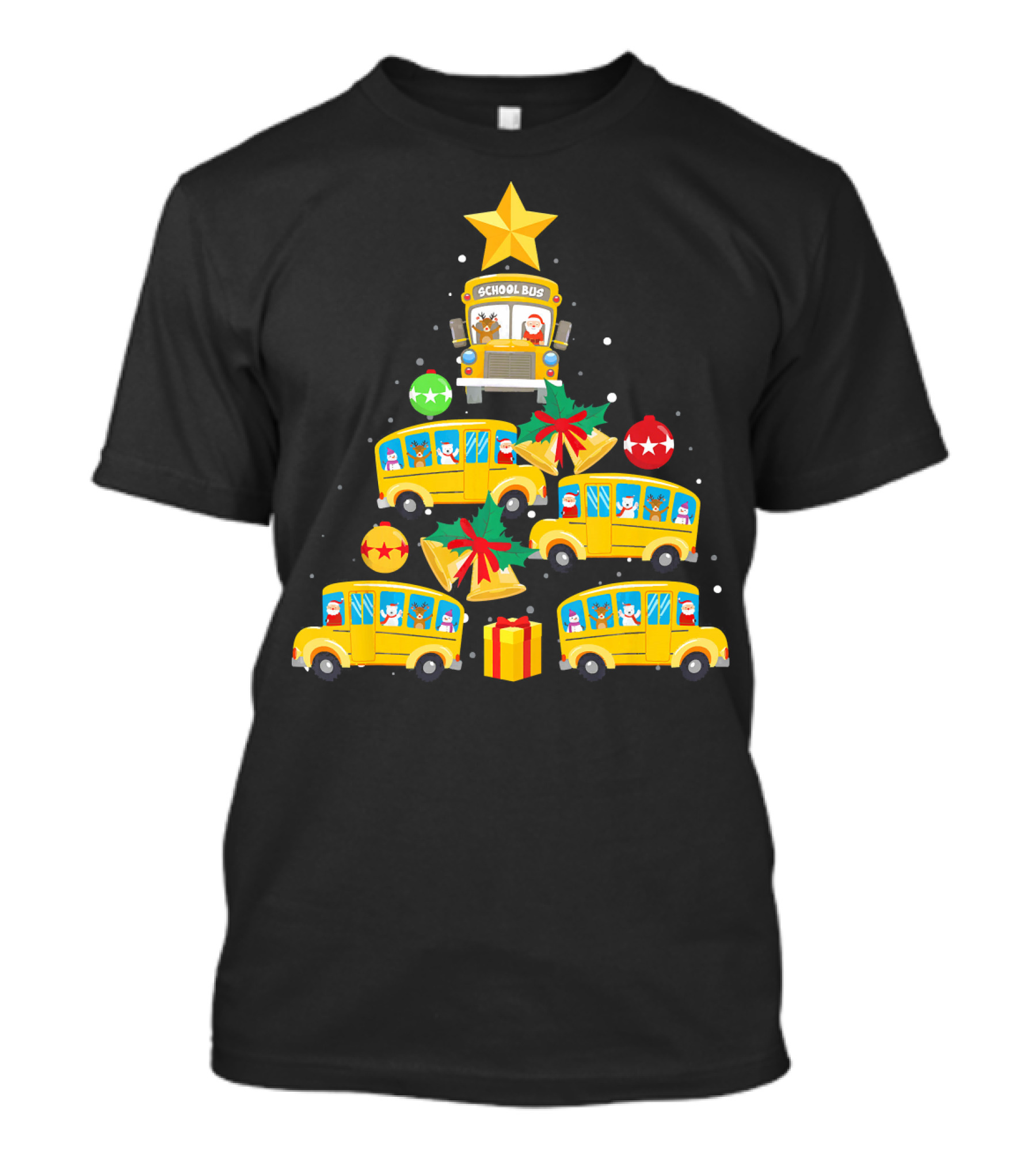 School Bus Christmas Tree With Santa Reindeer Ornaments And Gifts T-Shirt
