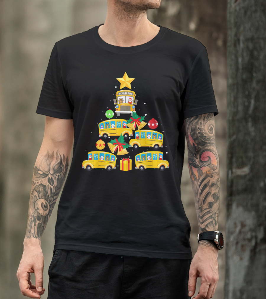 School Bus Christmas Tree With Santa Reindeer Ornaments And Gifts T-Shirt