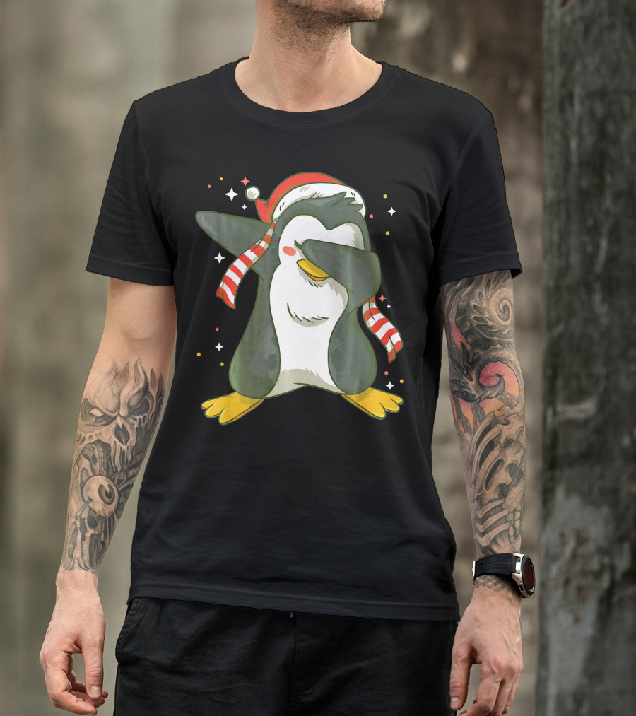 Christmas Xmas Santa Claus Penguin Dabbing Scarf Santa Hat T-Shirt