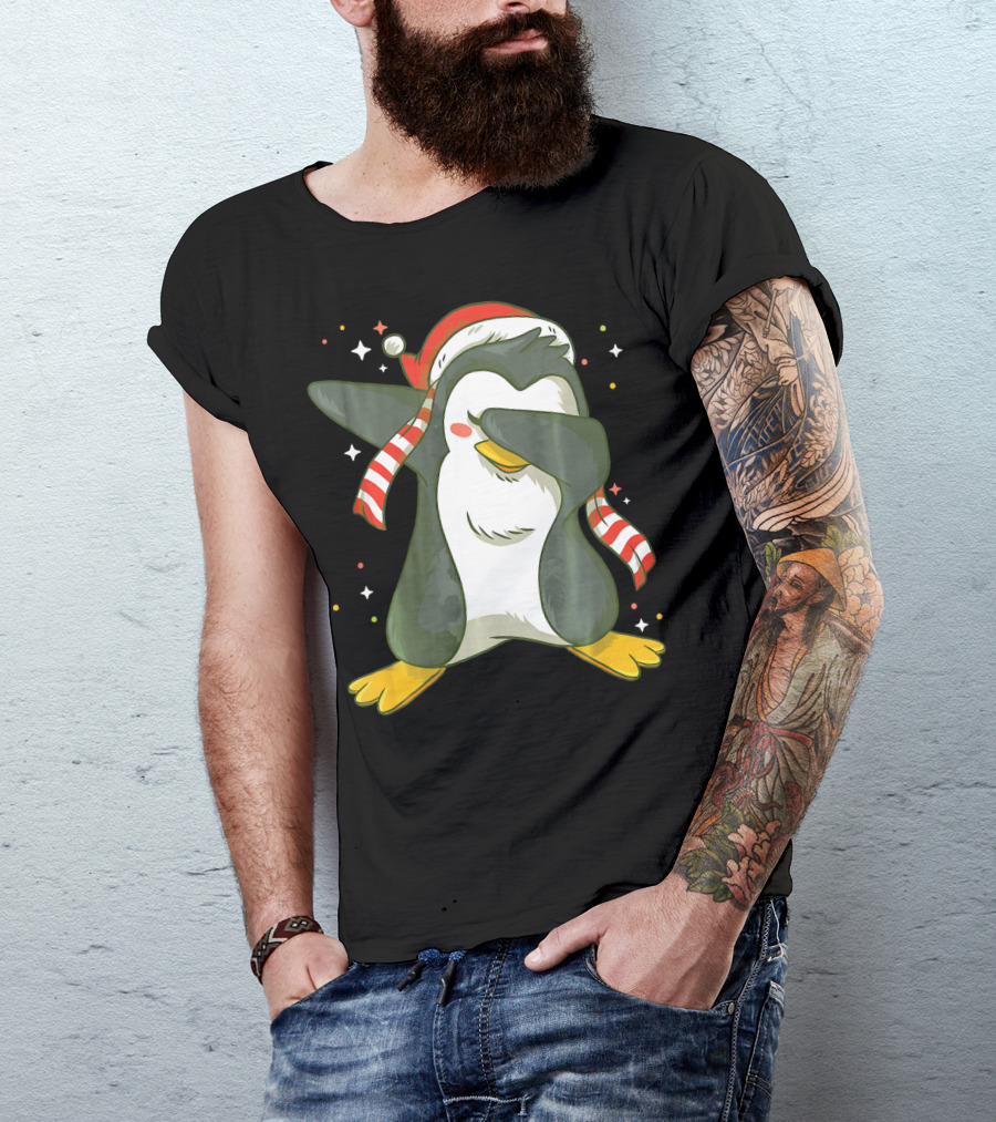 Christmas Xmas Santa Claus Penguin Dabbing Scarf Santa Hat T-Shirt