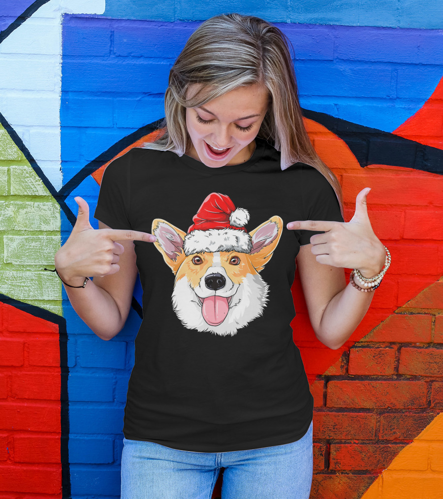 Corgi Wearing Santa Hat T-Shirt