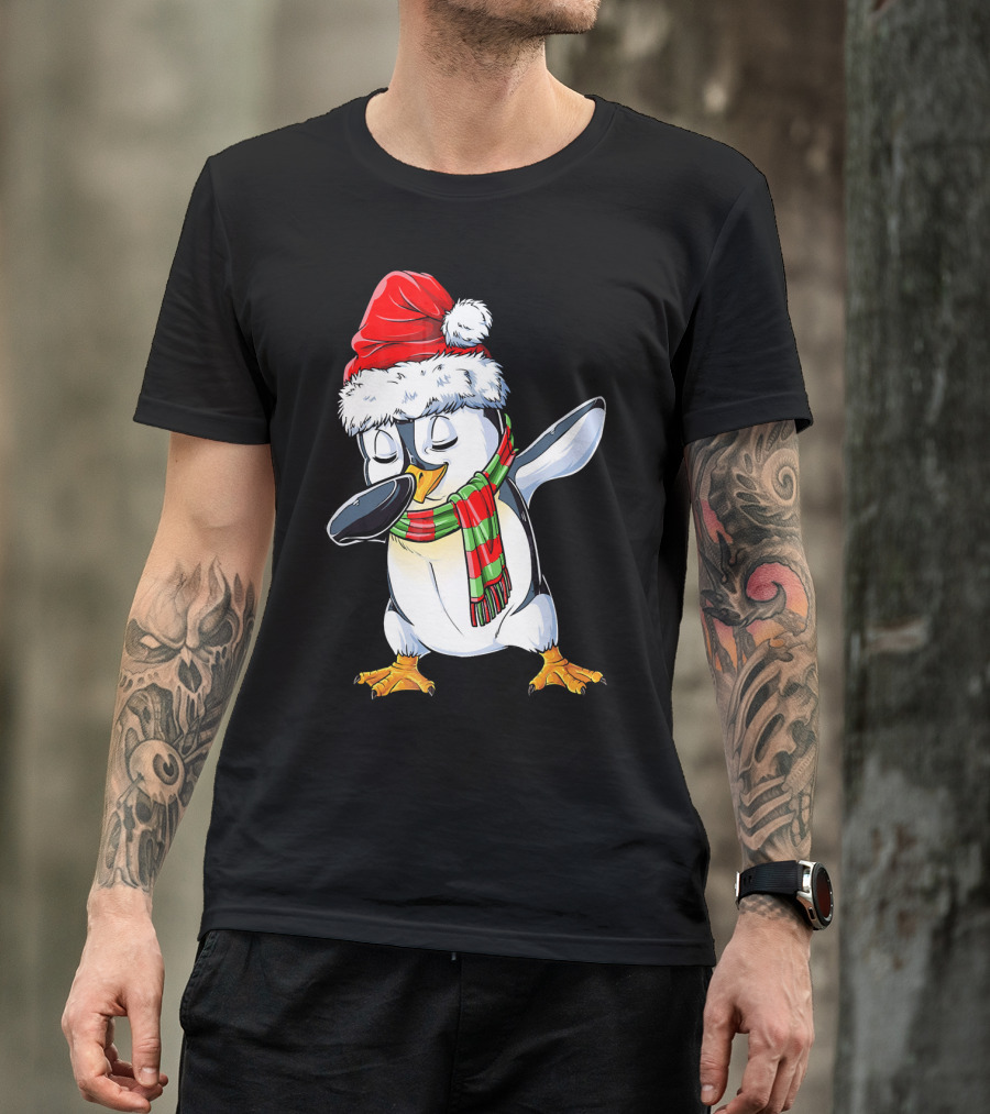 Dabbing Penguin Santa Claus With Festive Scarf T-Shirt