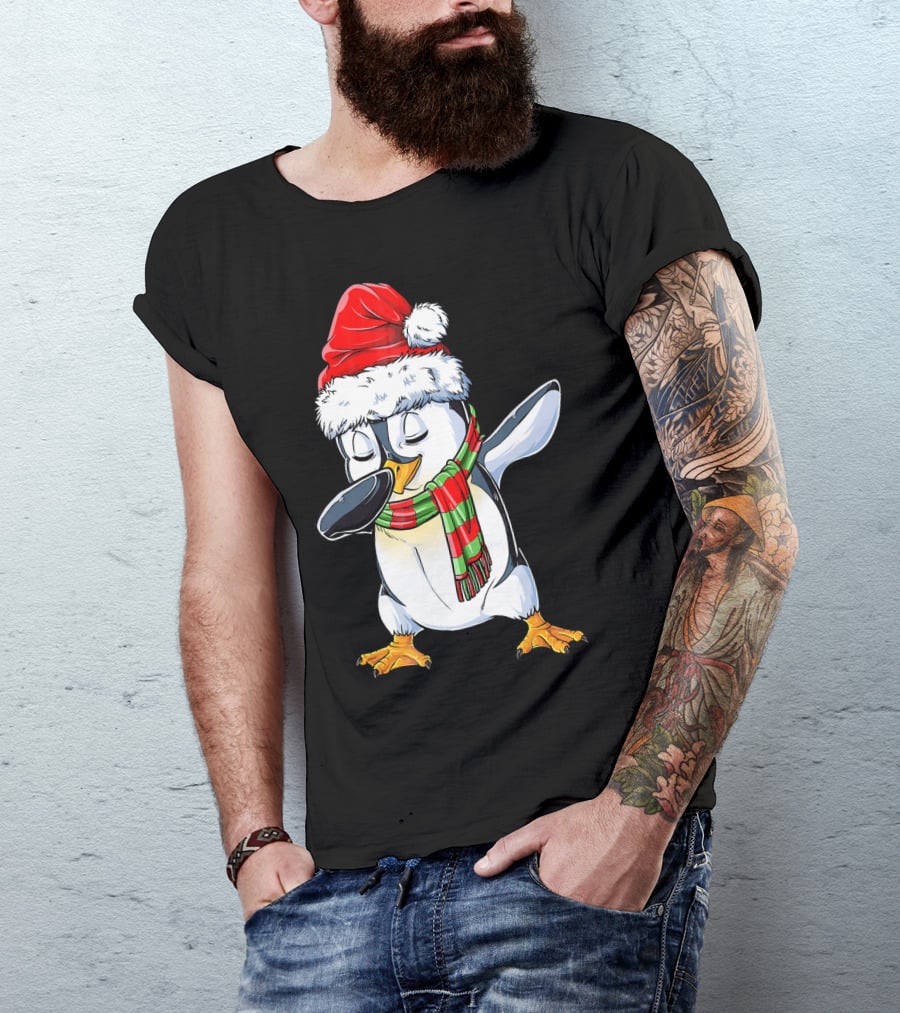 Dabbing Penguin Santa Claus With Festive Scarf T-Shirt