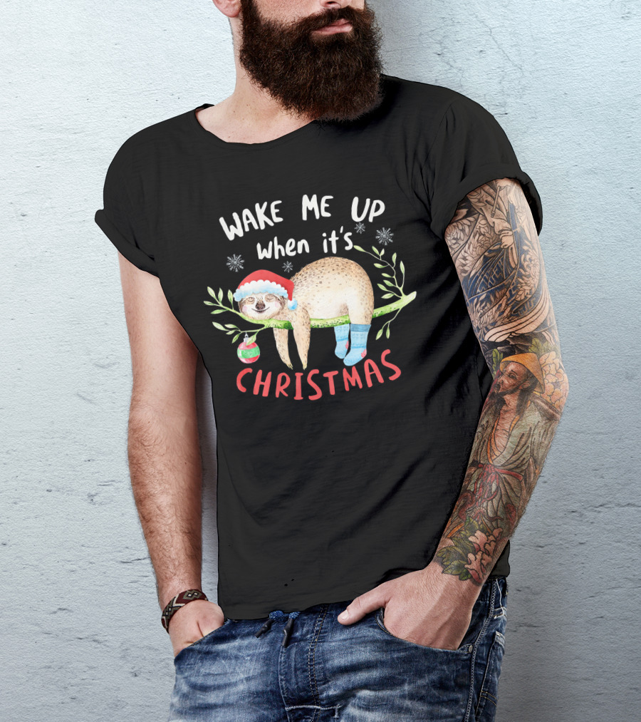 Wake Me Up When It's Christmas Cute Sloth With Santa Hat T-Shirt