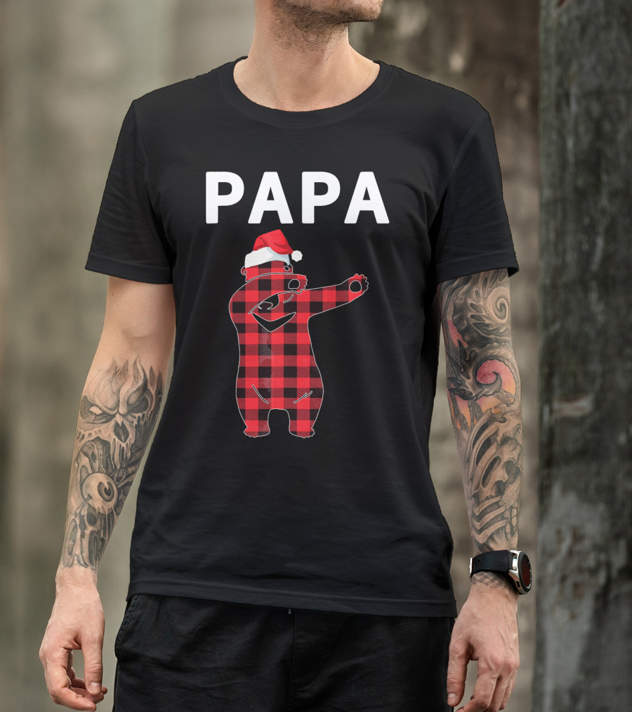 PAPA Bear Plaid Santa Hat Christmas Dabbing T-Shirt