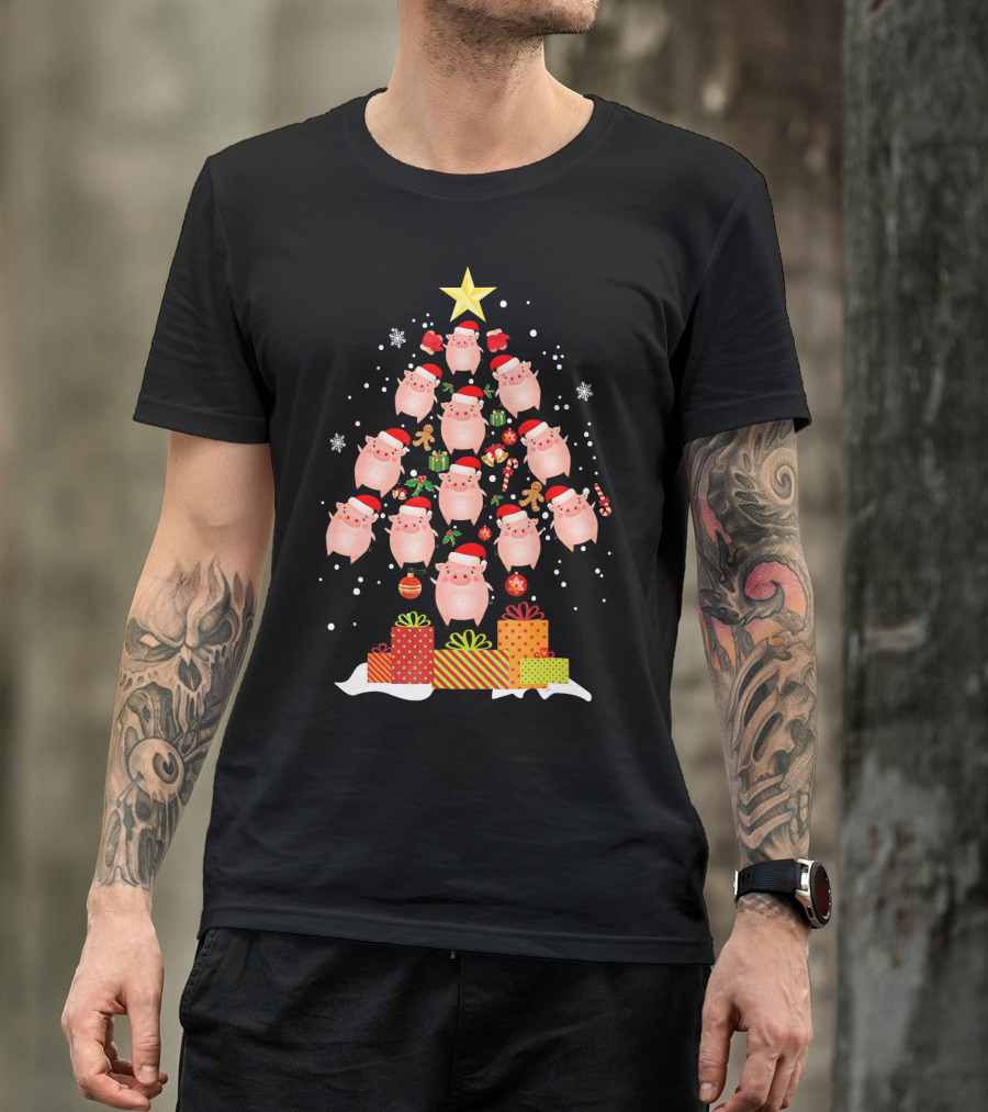 Christmas Tree Of Santa Hat Pigs With Gifts And Snowflakes T-Shirt