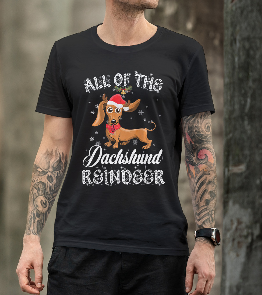 All Of The Dachshund Reindeer Santa Hat Snowflakes T-Shirt