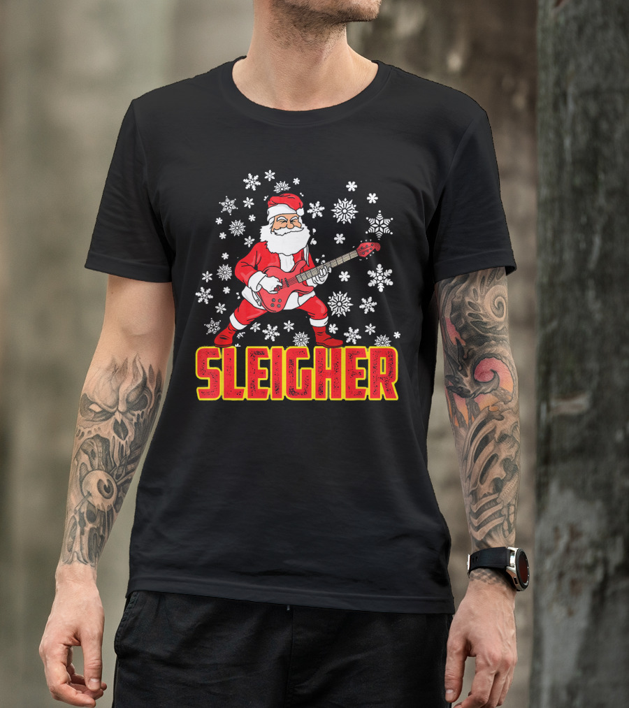 Sleigher Santa Claus With Guitar And Snowflakes T-Shirt