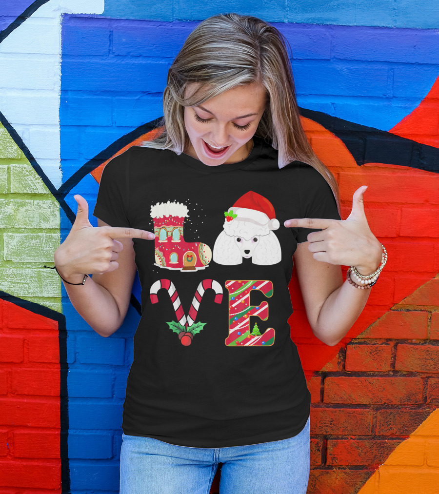 I Love My Poodle Funny Christmas Poodle Candy Cane Santa Hat Holiday Boot T-Shirt