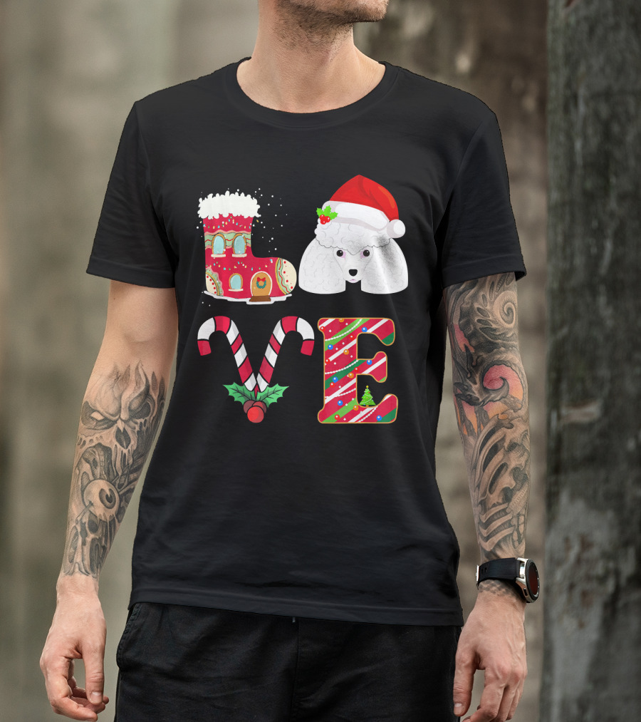 I Love My Poodle Funny Christmas Poodle Candy Cane Santa Hat Holiday Boot T-Shirt