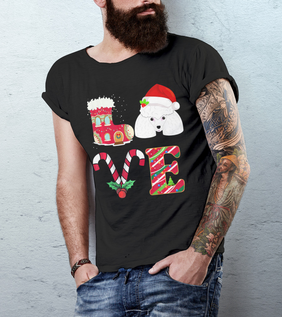 I Love My Poodle Funny Christmas Poodle Candy Cane Santa Hat Holiday Boot T-Shirt
