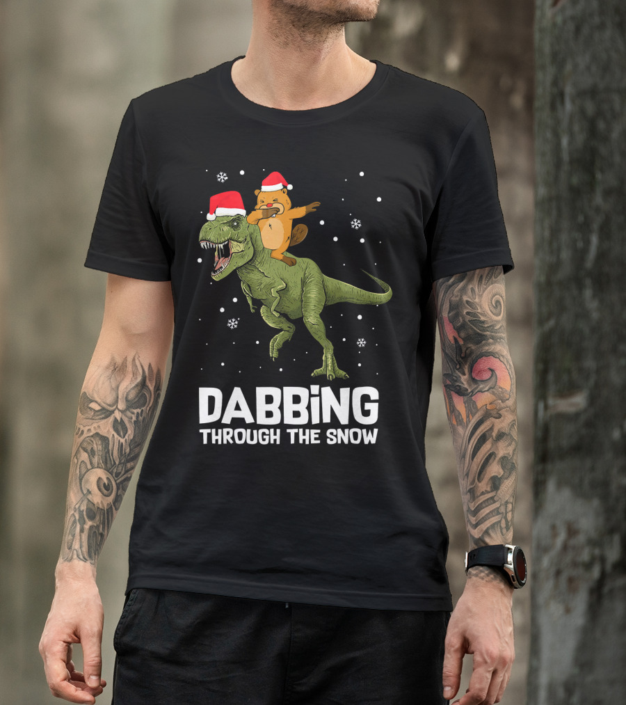 Beaver Dabbing On Dinosaur Wearing Santa Hats Dabbing Through The Snow T-Shirt