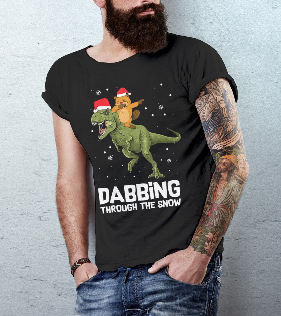 Beaver Dabbing On Dinosaur Wearing Santa Hats Dabbing Through The Snow T-Shirt