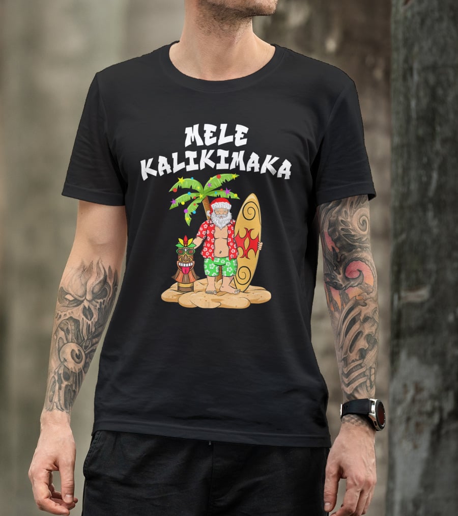 Mele Kalikimaka Santa With Surfboard And Tropical Tiki Palm Tree T-Shirt