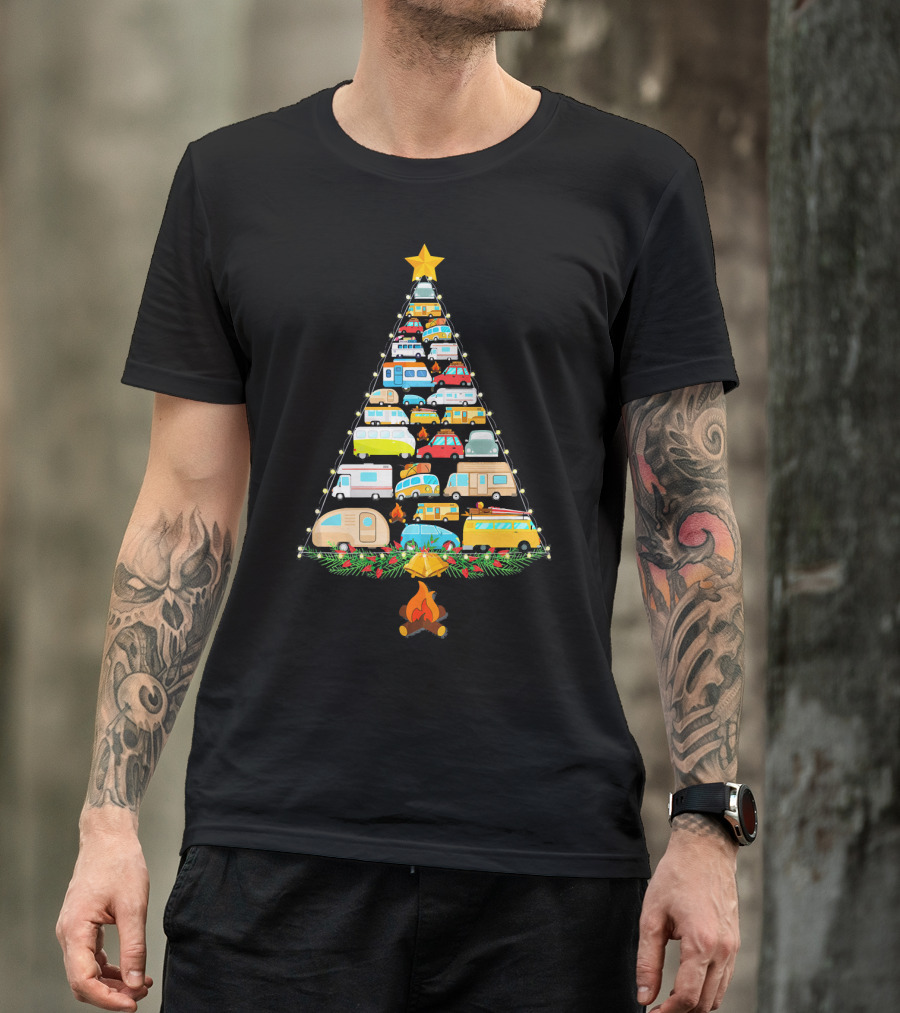 Christmas Tree Made Of Colorful Camping Vehicles With Star And Campfire T-Shirt
