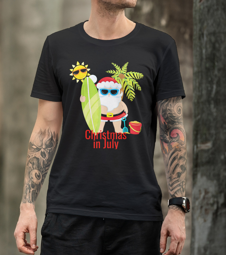 Christmas In July Beach Santa Surfer Sunny Holiday Fun T-Shirt