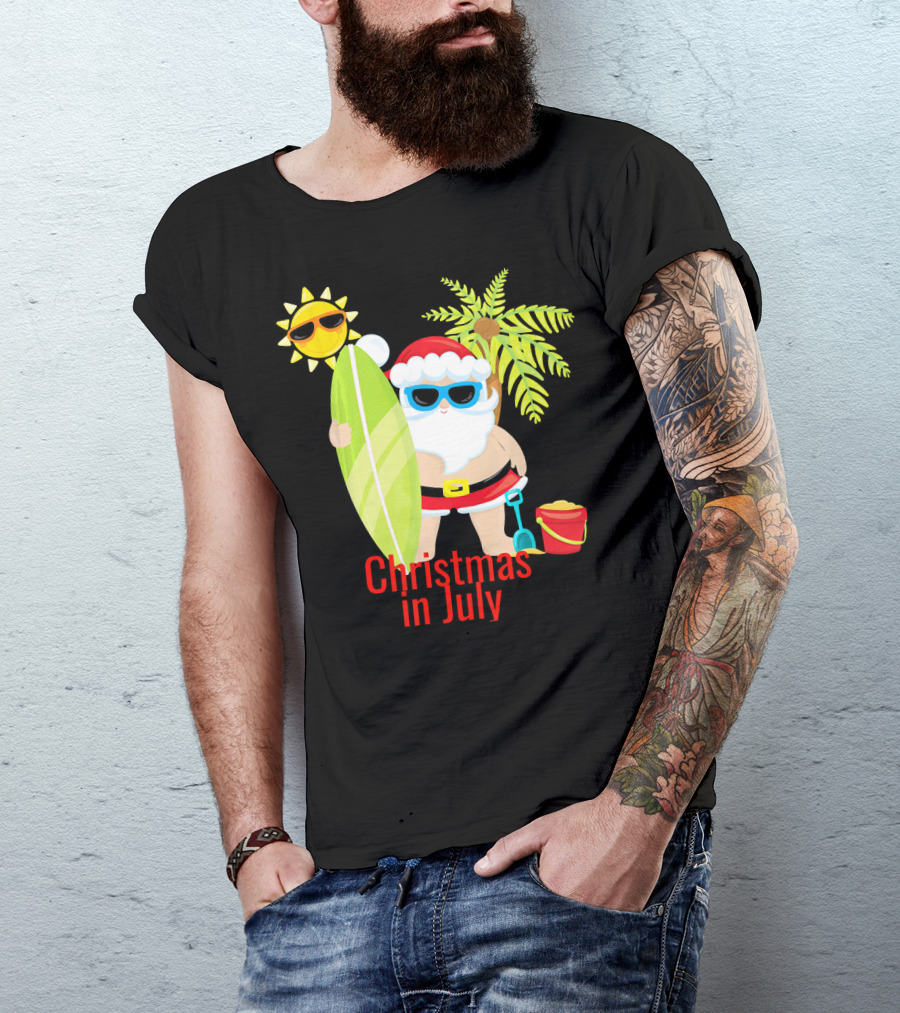 Christmas In July Beach Santa Surfer Sunny Holiday Fun T-Shirt