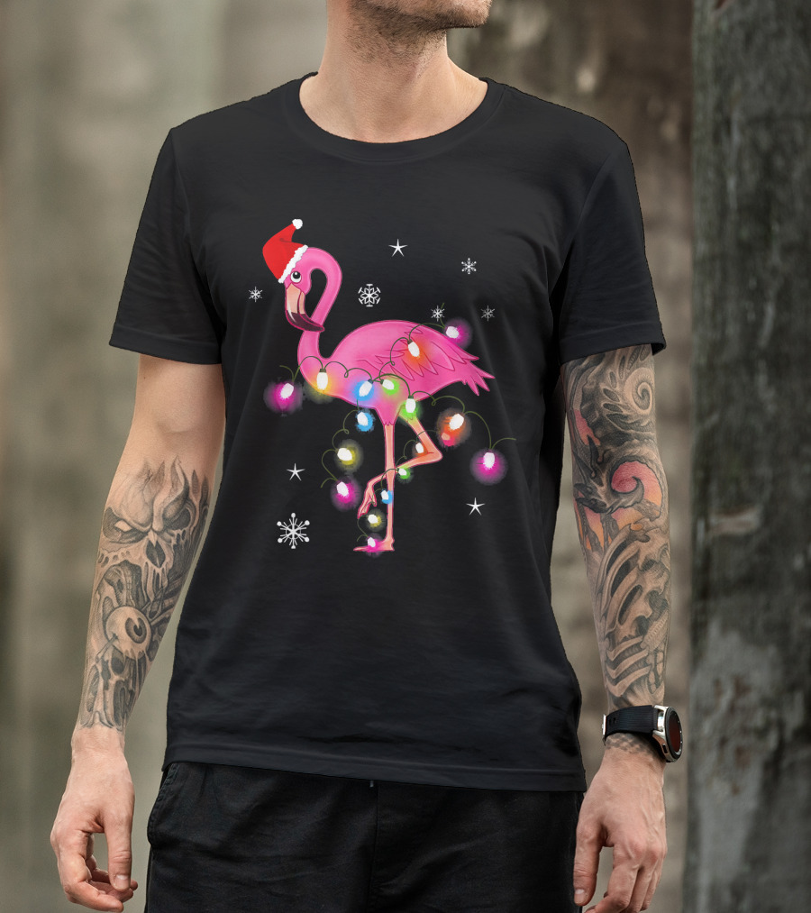 Pink Flamingo Christmas Lights And Santa Hat T-Shirt