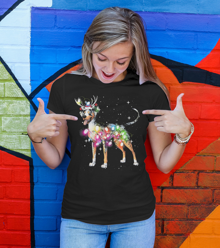 Festive Catahoula Leopard Dog With Christmas Lights And Reindeer Antlers T-Shirt