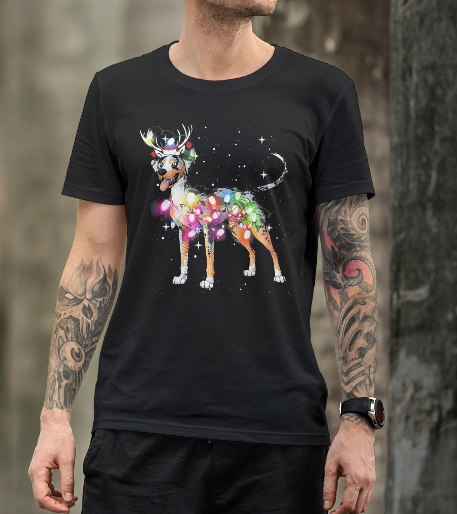 Festive Catahoula Leopard Dog With Christmas Lights And Reindeer Antlers T-Shirt