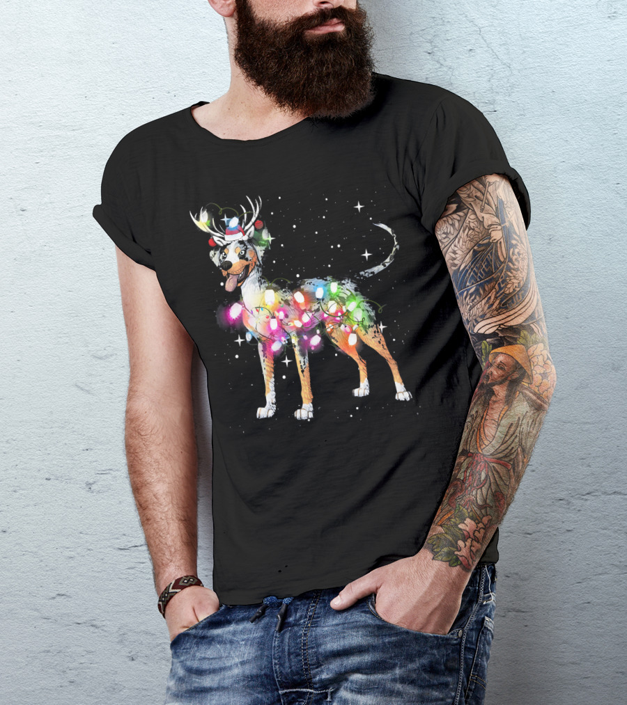 Festive Catahoula Leopard Dog With Christmas Lights And Reindeer Antlers T-Shirt