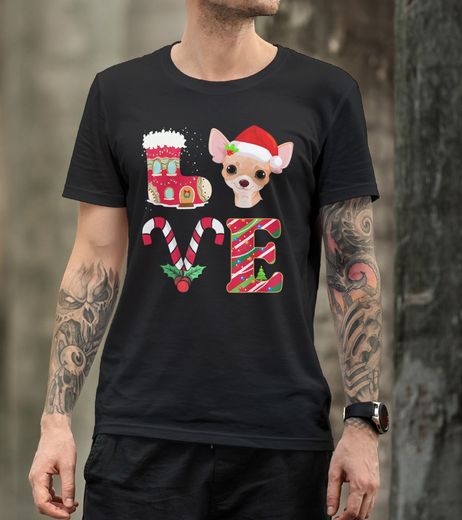 I Love My Chihuahua Christmas Theme With Santa Hat And Holiday Decorations T-Shirt