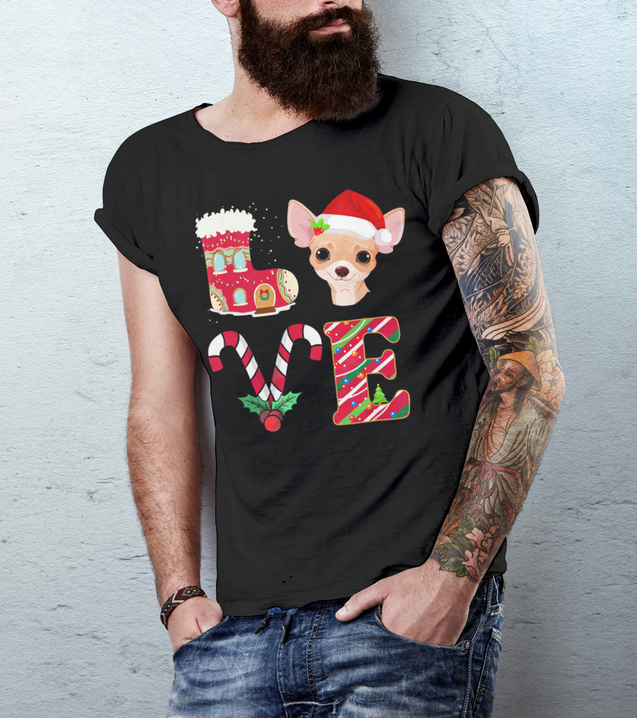 I Love My Chihuahua Christmas Theme With Santa Hat And Holiday Decorations T-Shirt