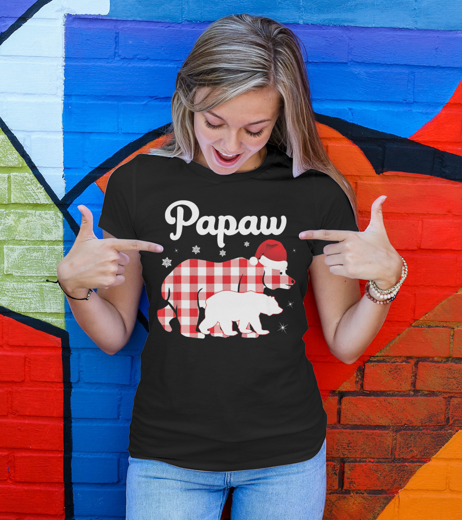 Papaw Red Plaid Bear Santa Hat Snowflakes Matching Family Pajama T-Shirt