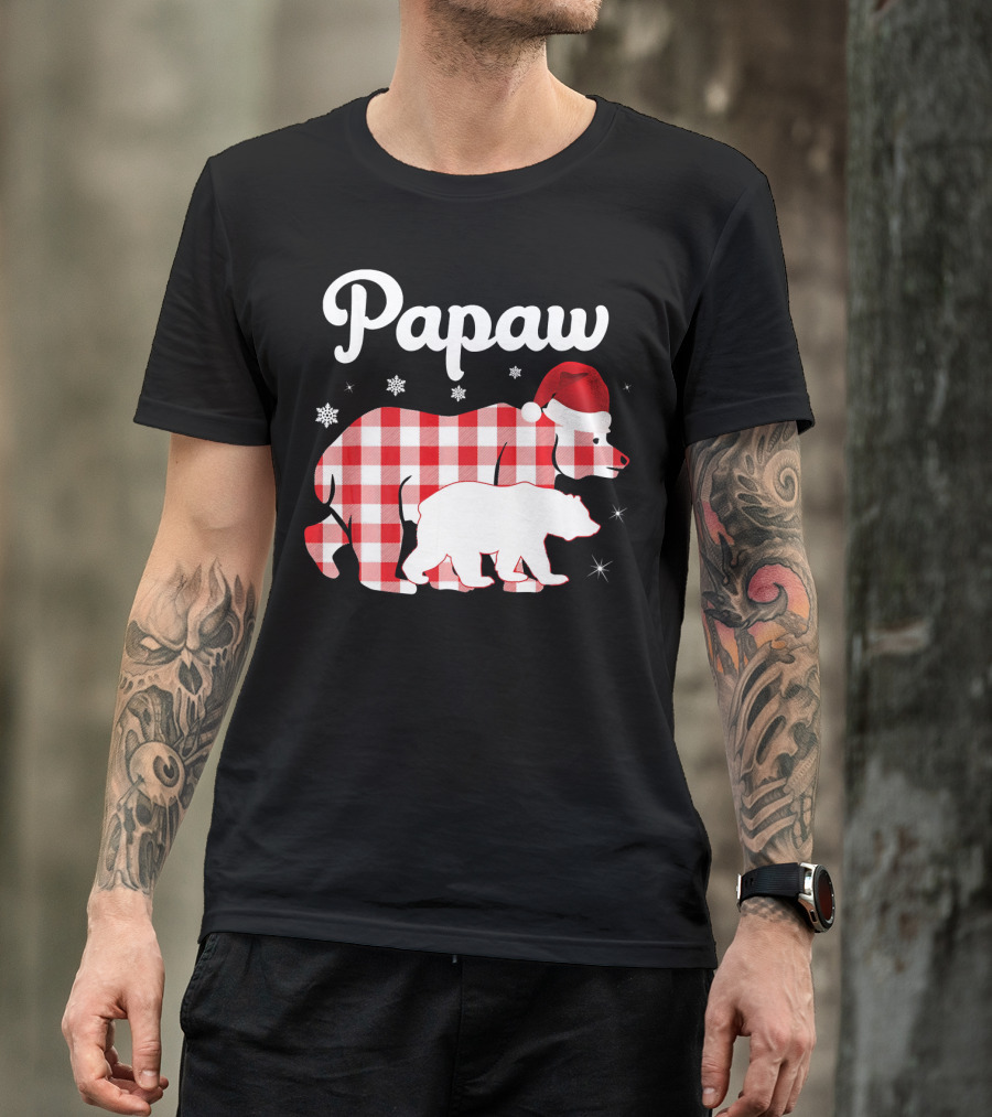 Papaw Red Plaid Bear Santa Hat Snowflakes Matching Family Pajama T-Shirt