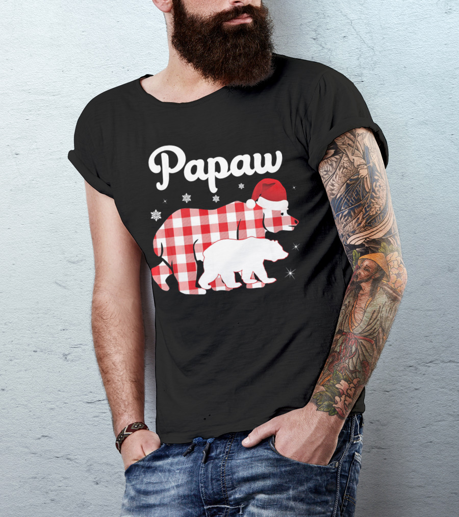 Papaw Red Plaid Bear Santa Hat Snowflakes Matching Family Pajama T-Shirt