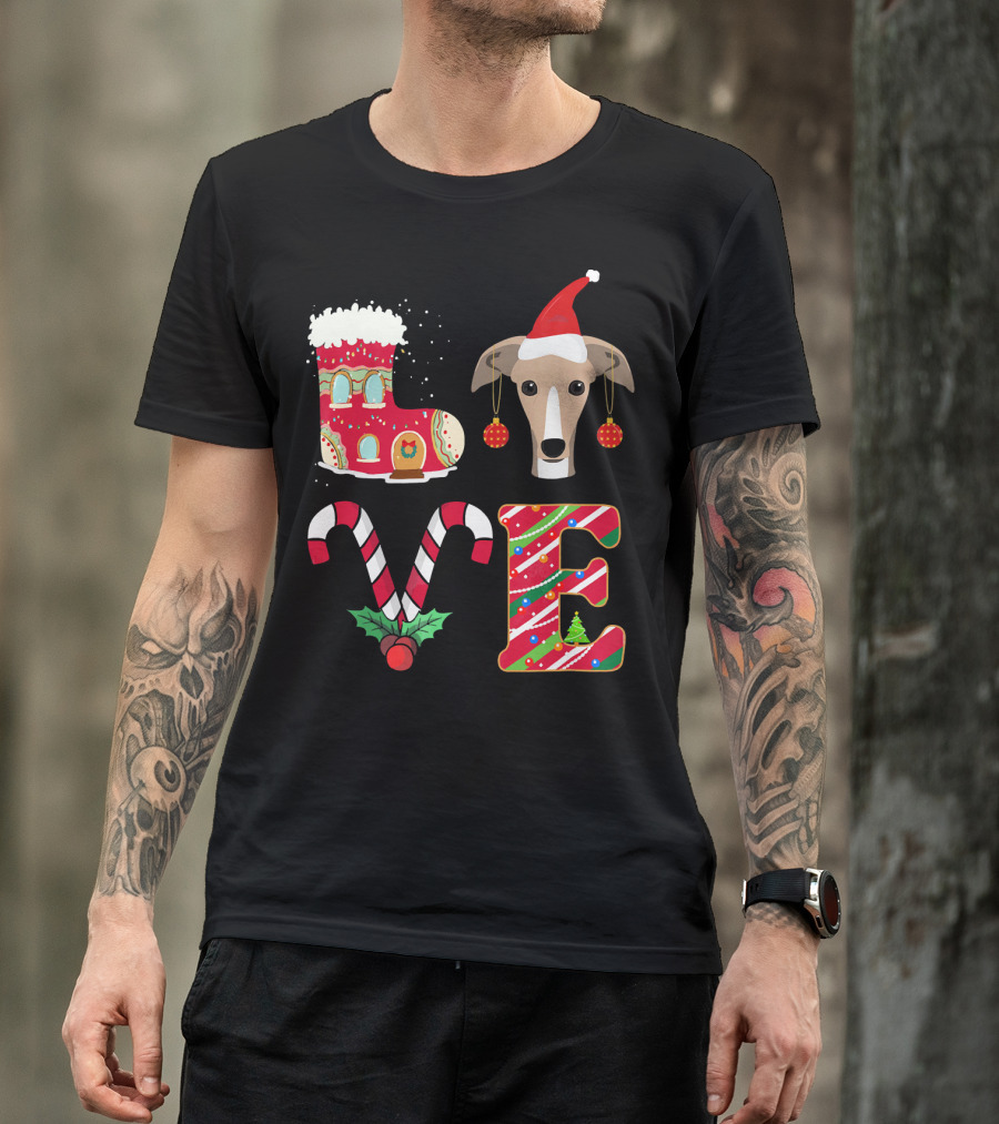 I Love My Greyhound Christmas Love Gingerbread Stocking Santa Hat Candy Cane Ornaments T-Shirt