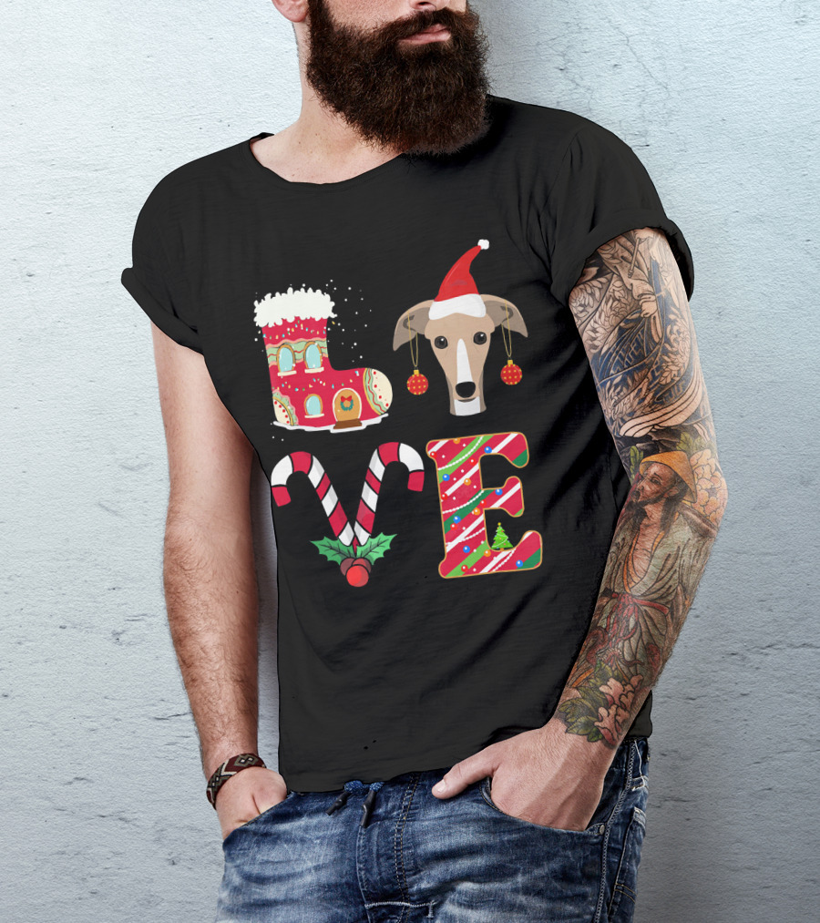 I Love My Greyhound Christmas Love Gingerbread Stocking Santa Hat Candy Cane Ornaments T-Shirt
