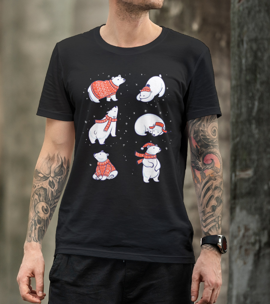 Cute Hand Drawn Polar Bear In Festive Red Sweaters And Scarves T-Shirt