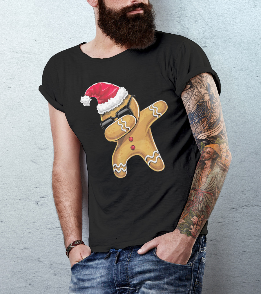 Santa Hat Dabbing Gingerbread Man Holiday Baking T-Shirt