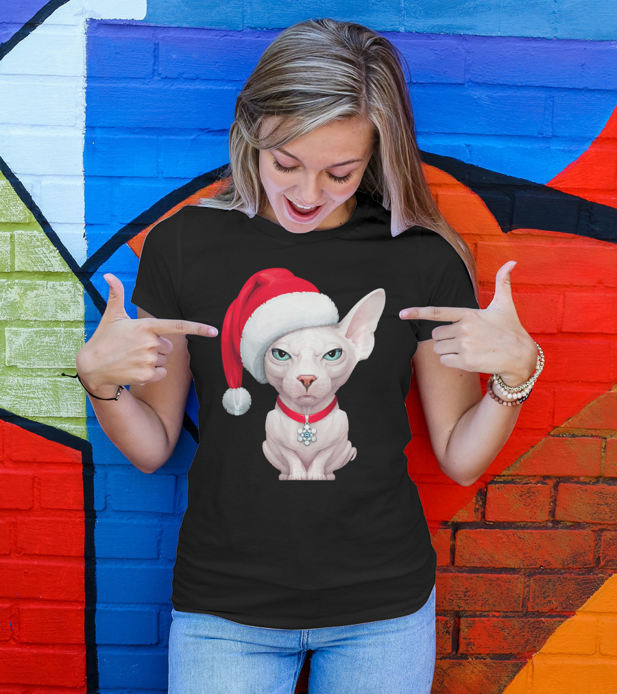 Sphynx Cat Santa Hat Christmas Holiday Festive Pet Charm T-Shirt