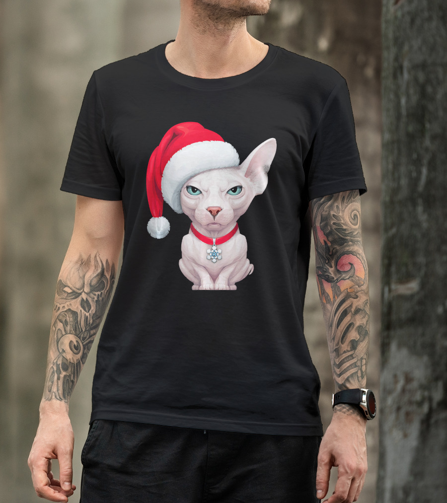 Sphynx Cat Santa Hat Christmas Holiday Festive Pet Charm T-Shirt