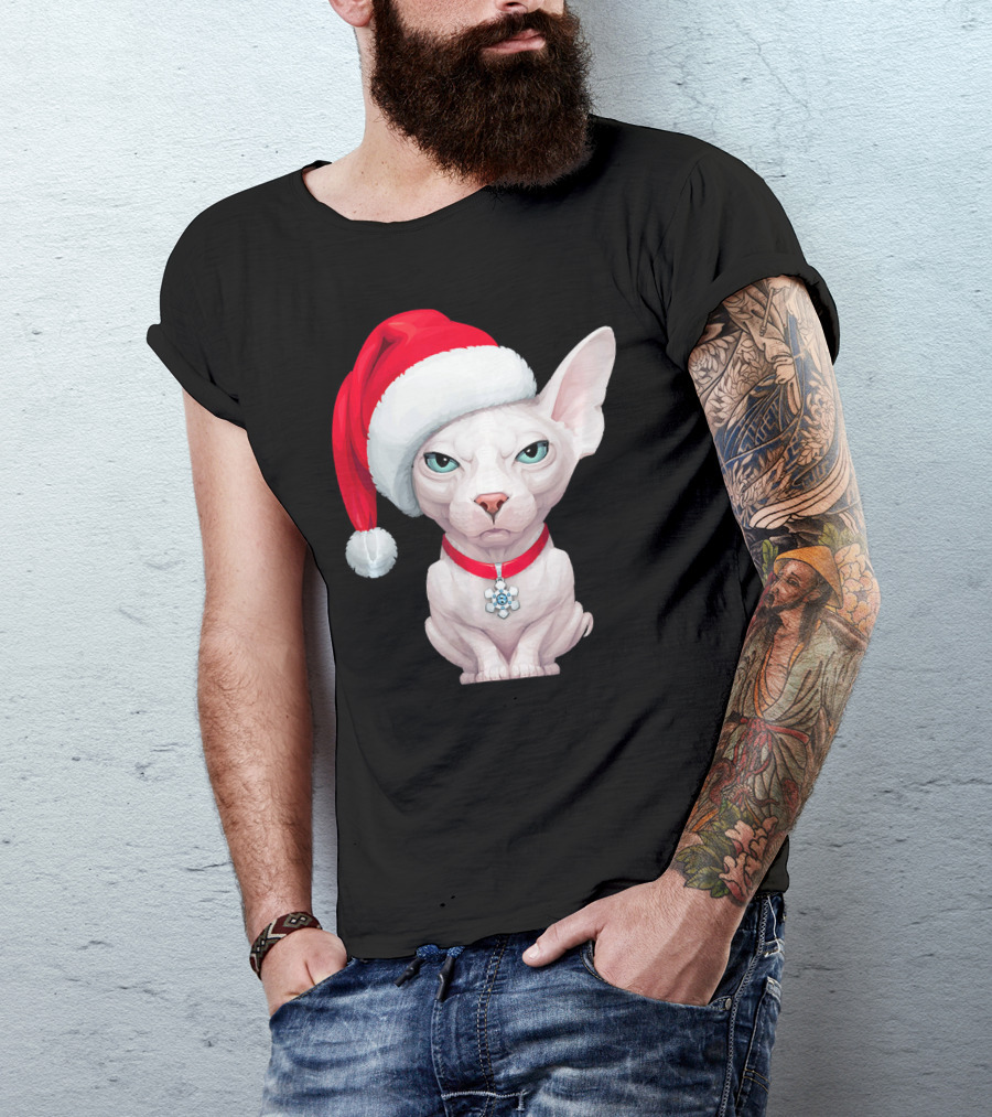 Sphynx Cat Santa Hat Christmas Holiday Festive Pet Charm T-Shirt
